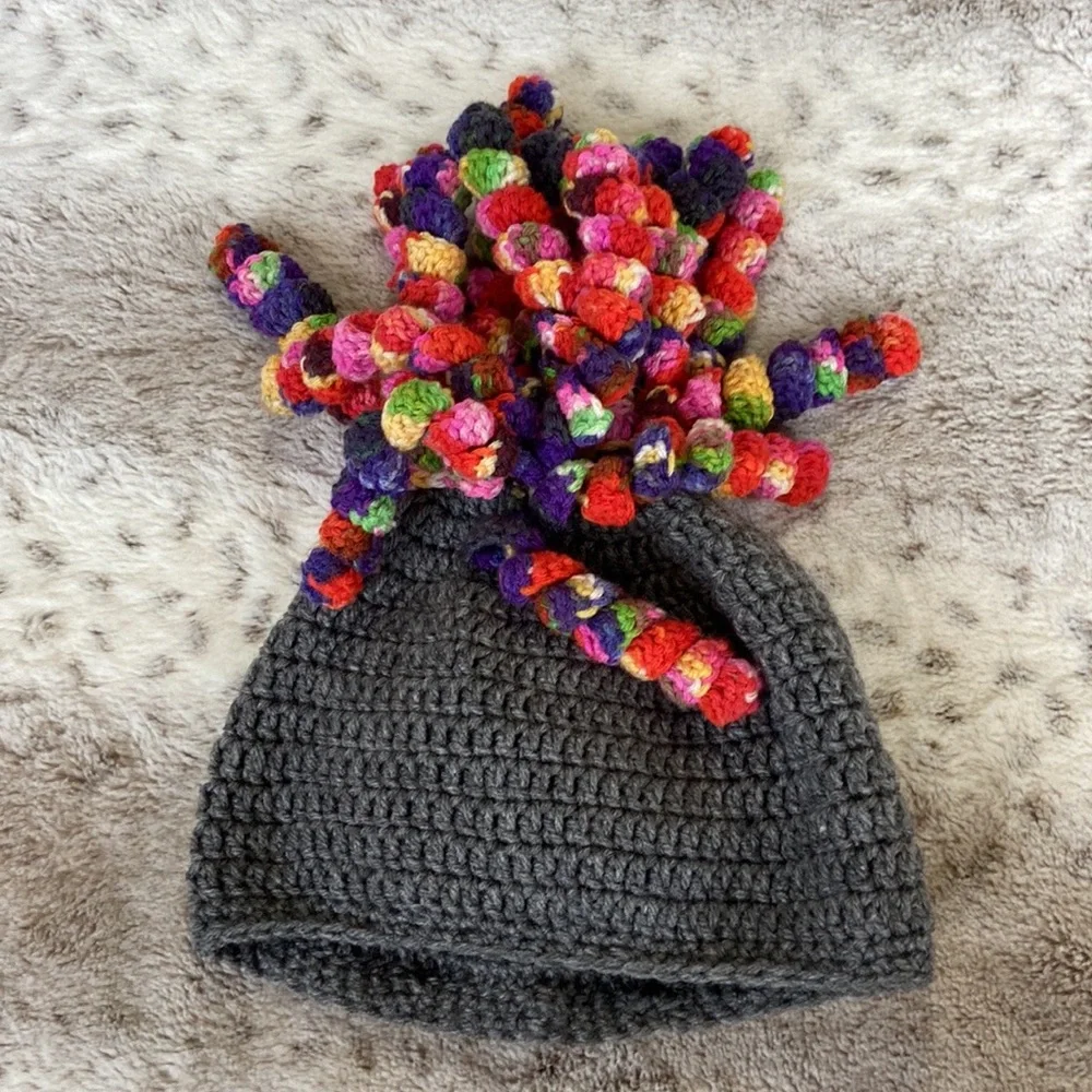 Handmade knit beanie boys girls OS rainbow ponytail curls unique Kidcore winter